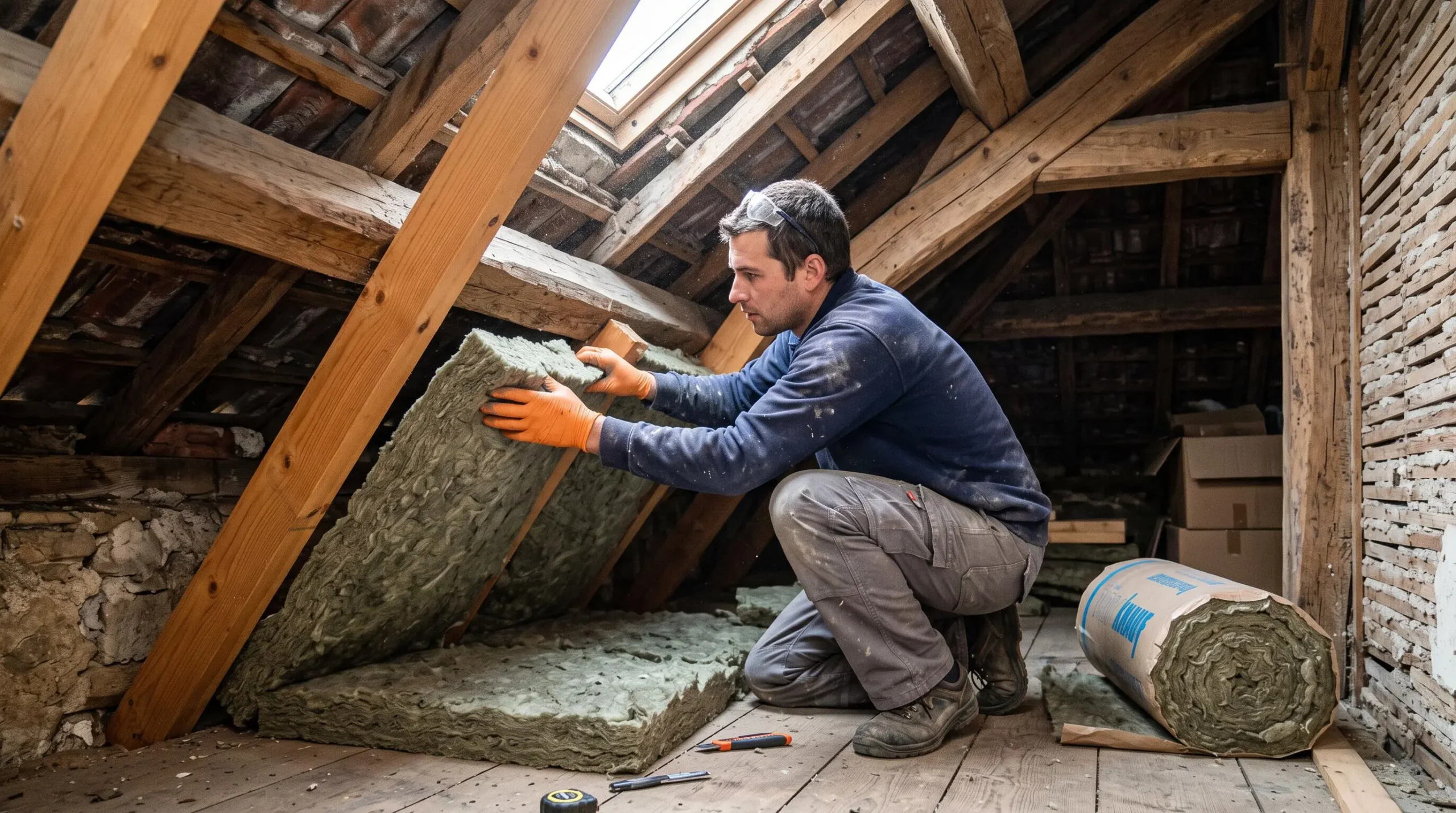 Artisan installant de l'isolation en laine minérale entre les poutres de la charpente dans les combles d'une maison