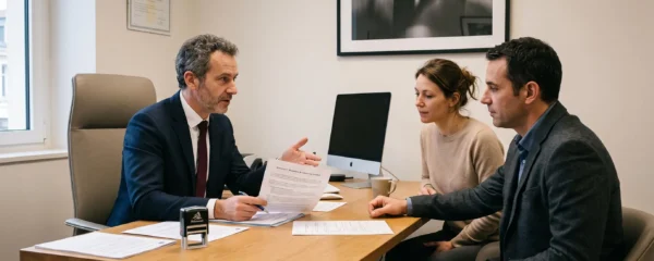 Conseiller professionnel expliquant les démarches de succession à deux héritiers dans un bureau notarial
