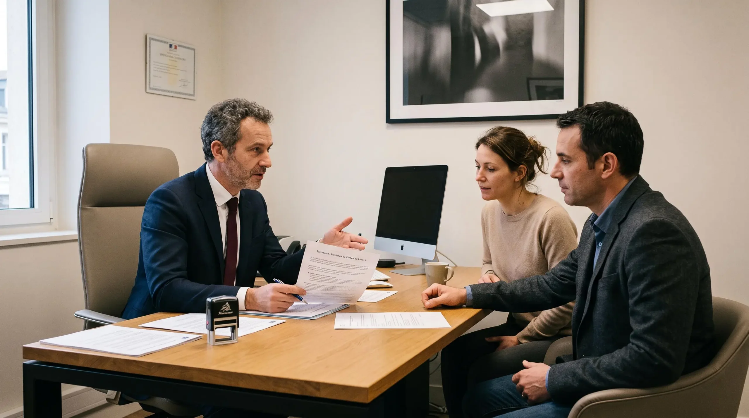 Conseiller professionnel expliquant les démarches de succession à deux héritiers dans un bureau notarial
