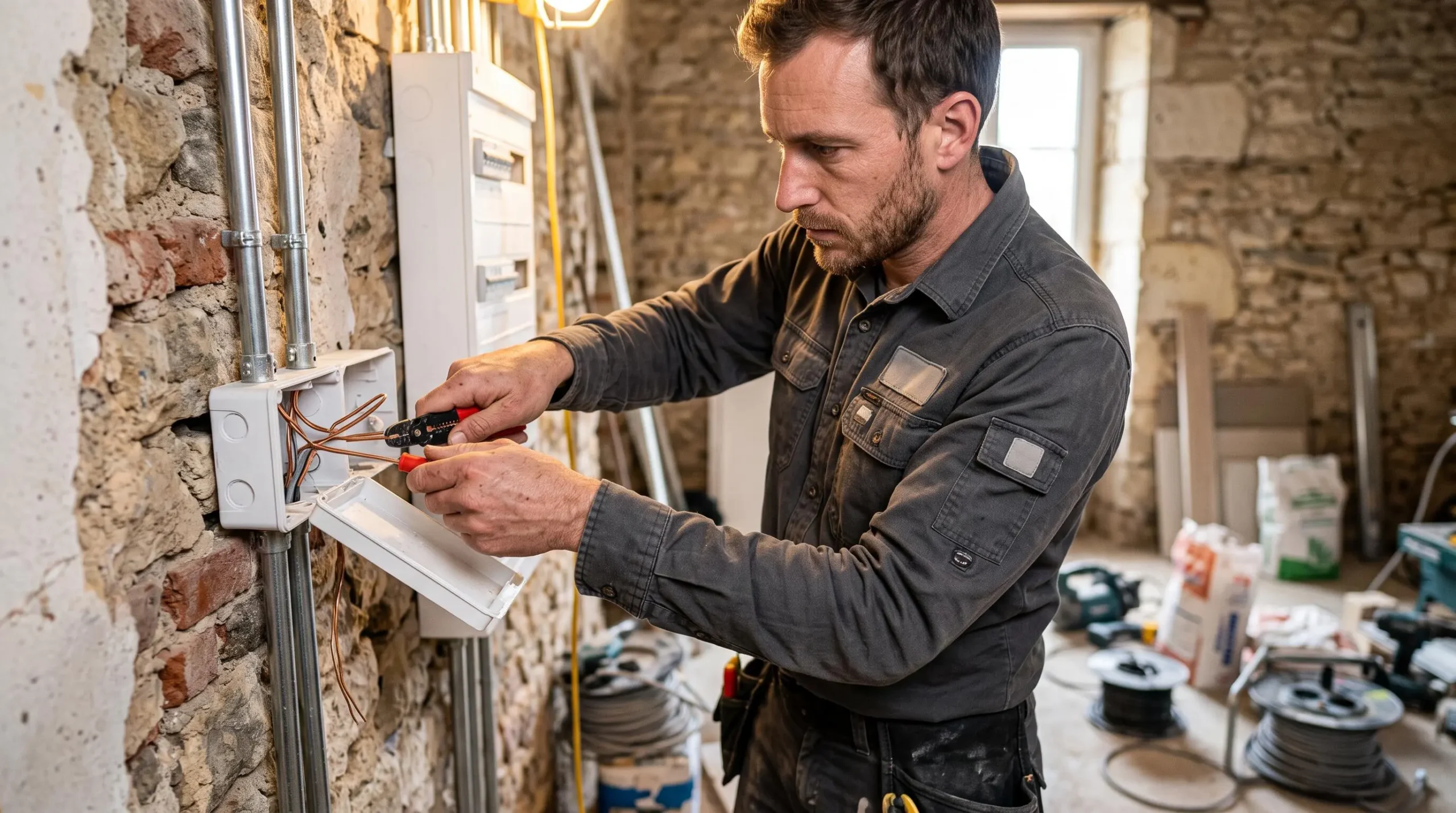 Électricien installant le câblage et les boîtiers électriques dans un mur pendant la rénovation d'une maison