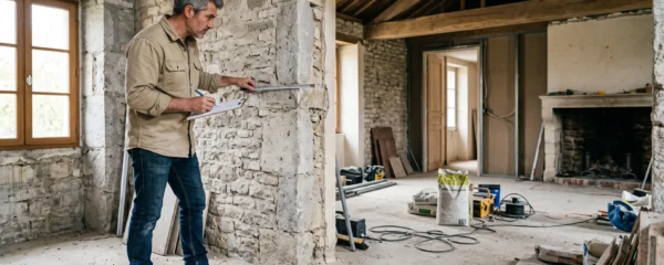 Inspecteur en bâtiment évaluant les murs et la structure d'une maison ancienne en cours de rénovation
