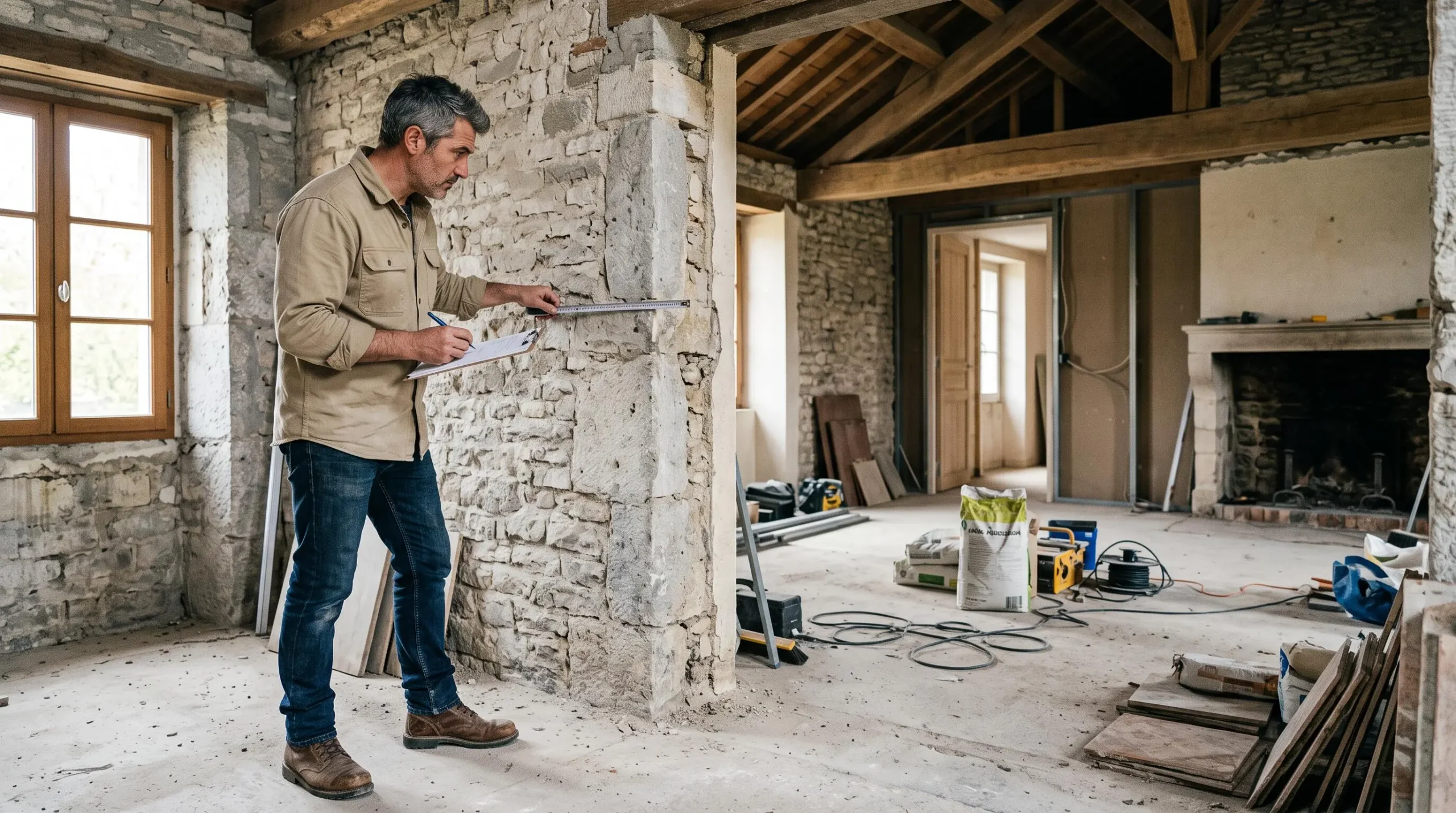 Inspecteur en bâtiment évaluant les murs et la structure d'une maison ancienne en cours de rénovation