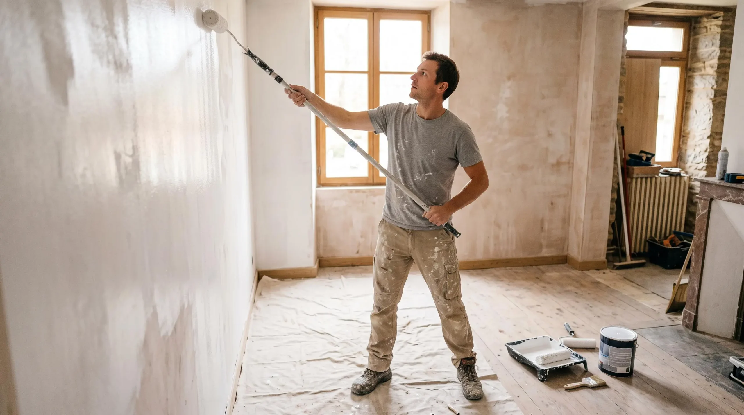 Peintre professionnel appliquant de la peinture blanche sur les murs d'une pièce en cours de rénovation
