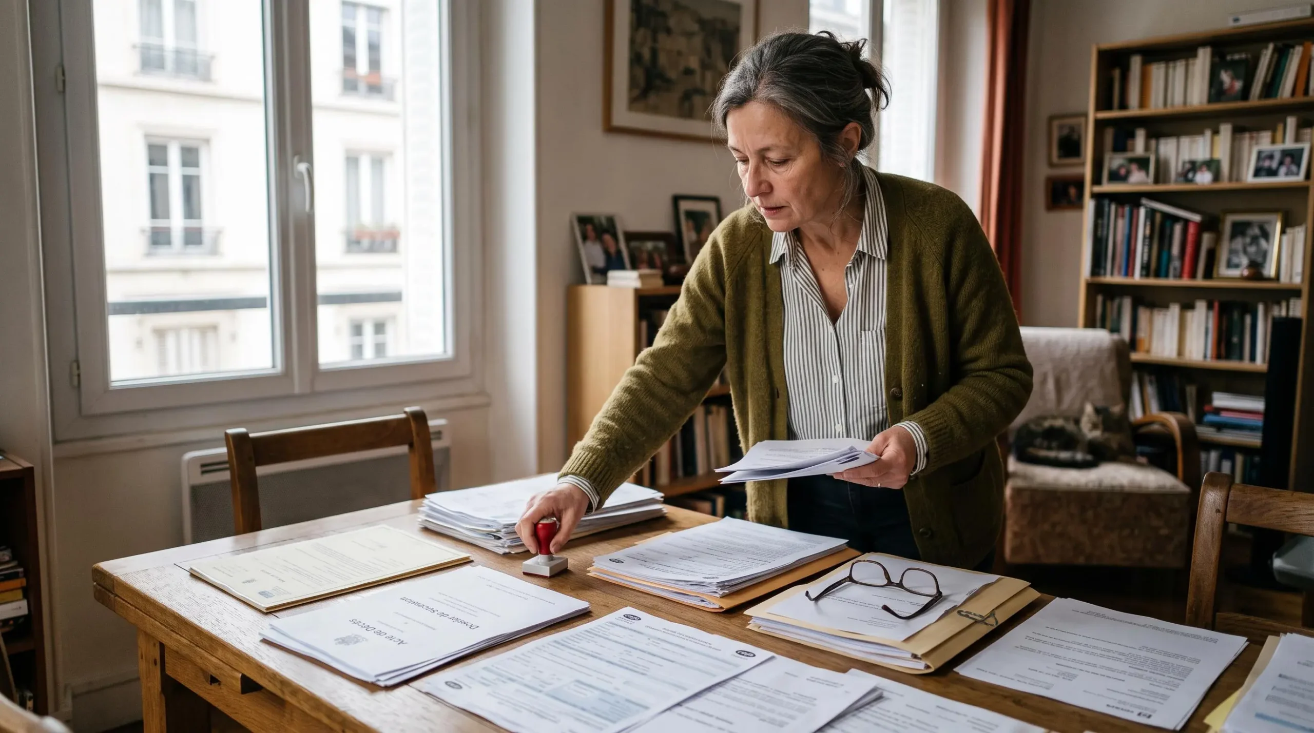 Personne organisant des documents administratifs officiels sur une table pour une succession