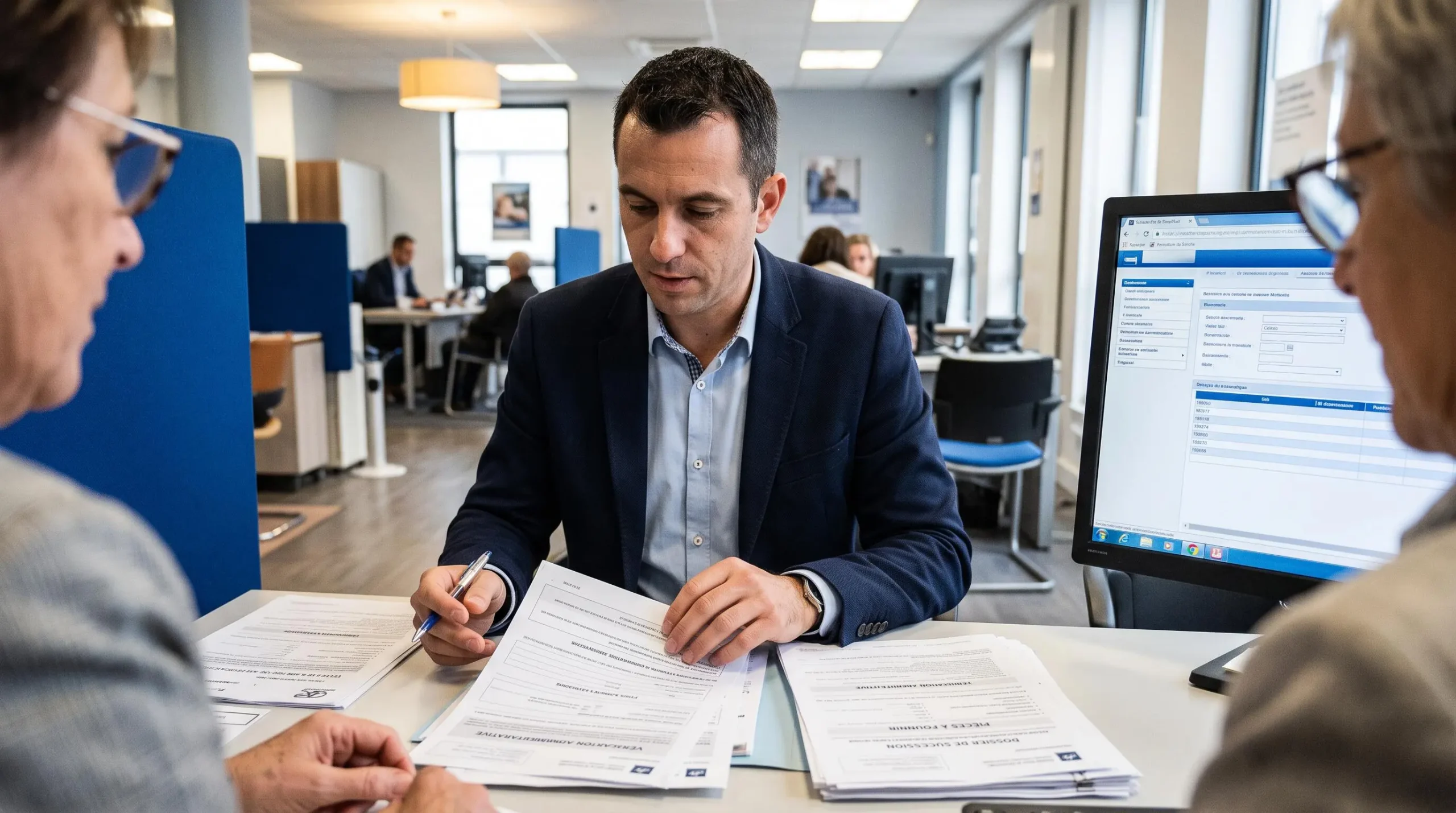 Conseiller bancaire vérifiant un dossier client et des documents administratifs dans une agence française