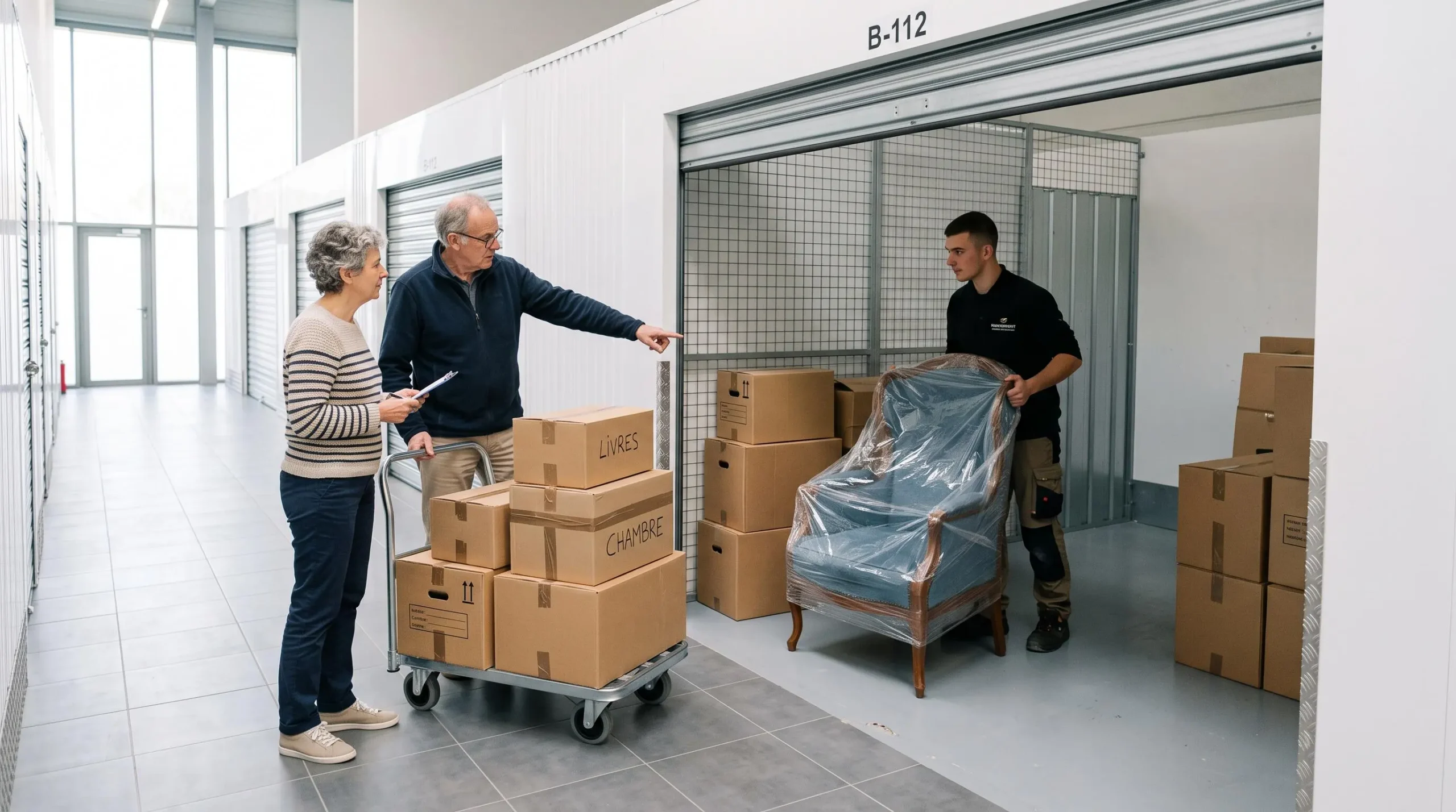Un couple de retraités fait charger des cartons dans un box de stockage.