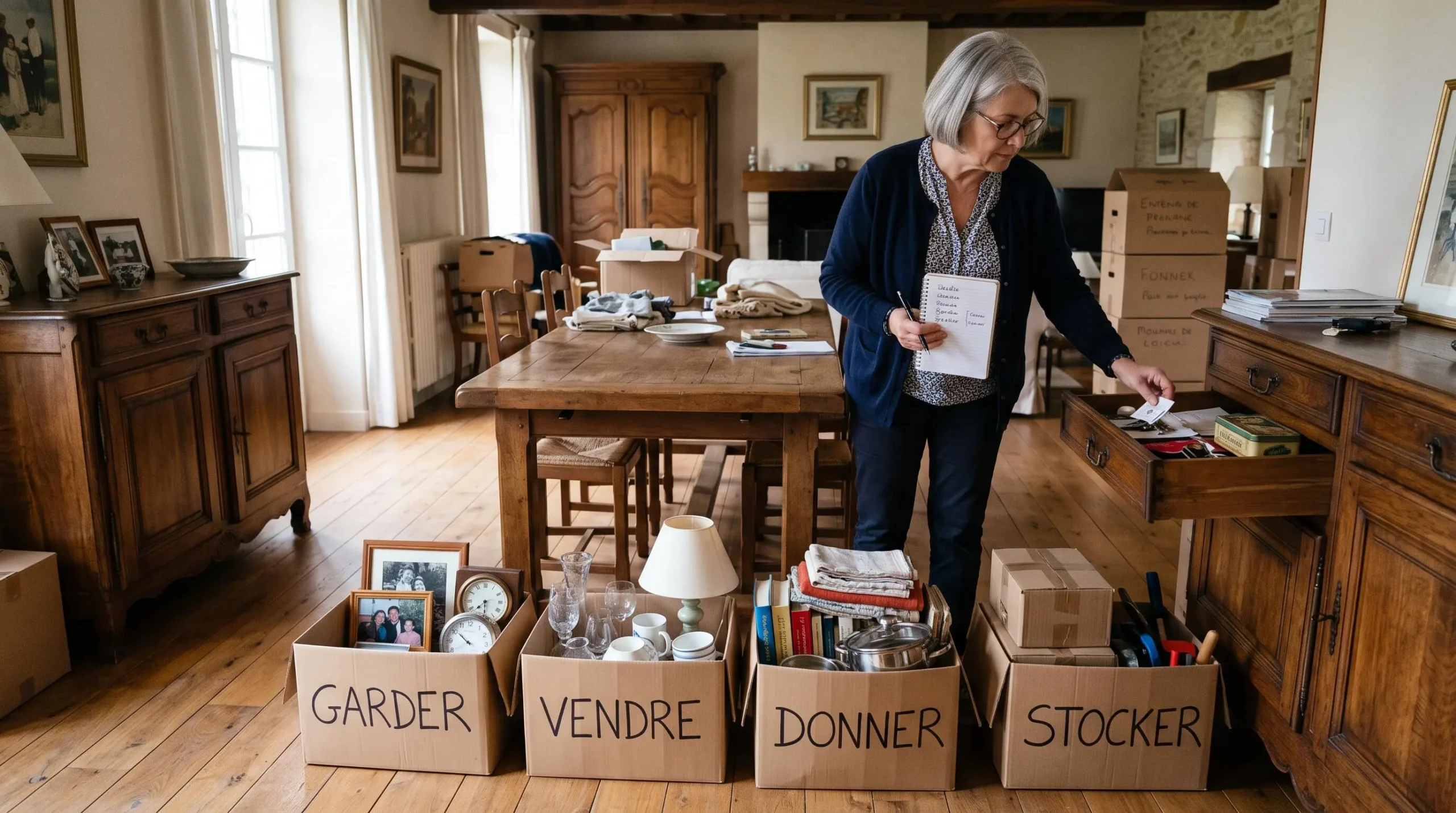 Une femme trie des objets et meubles en groupes au sol avant son déménagement.