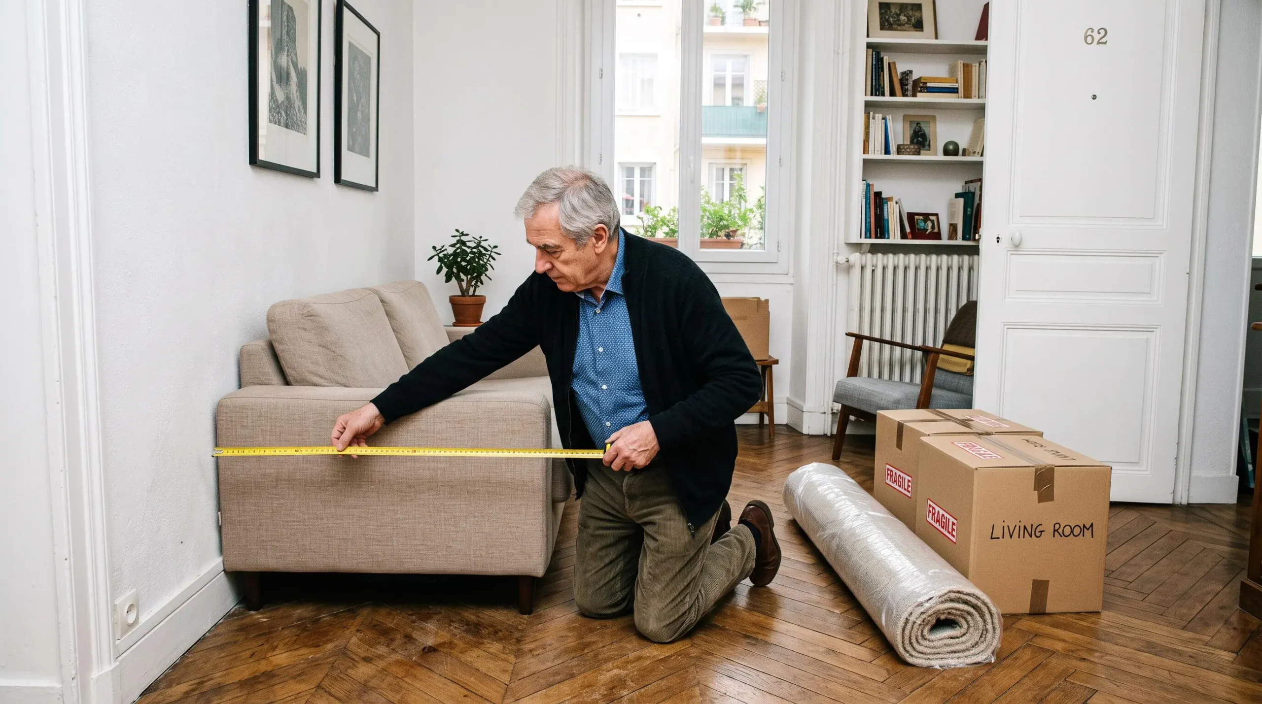 Un homme mesure l'espace du salon de son nouveau logement plus petit.